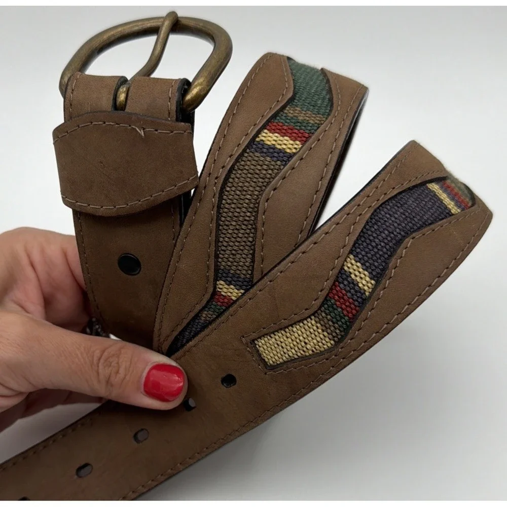Vintage Leather Trim Belt Colorful Canvas 34